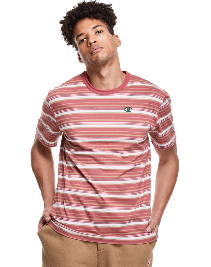 Champion Herre T-Shirts Koral/Hvide - Yarn-Dye Stripe C Logo - Danmark DLO-859217